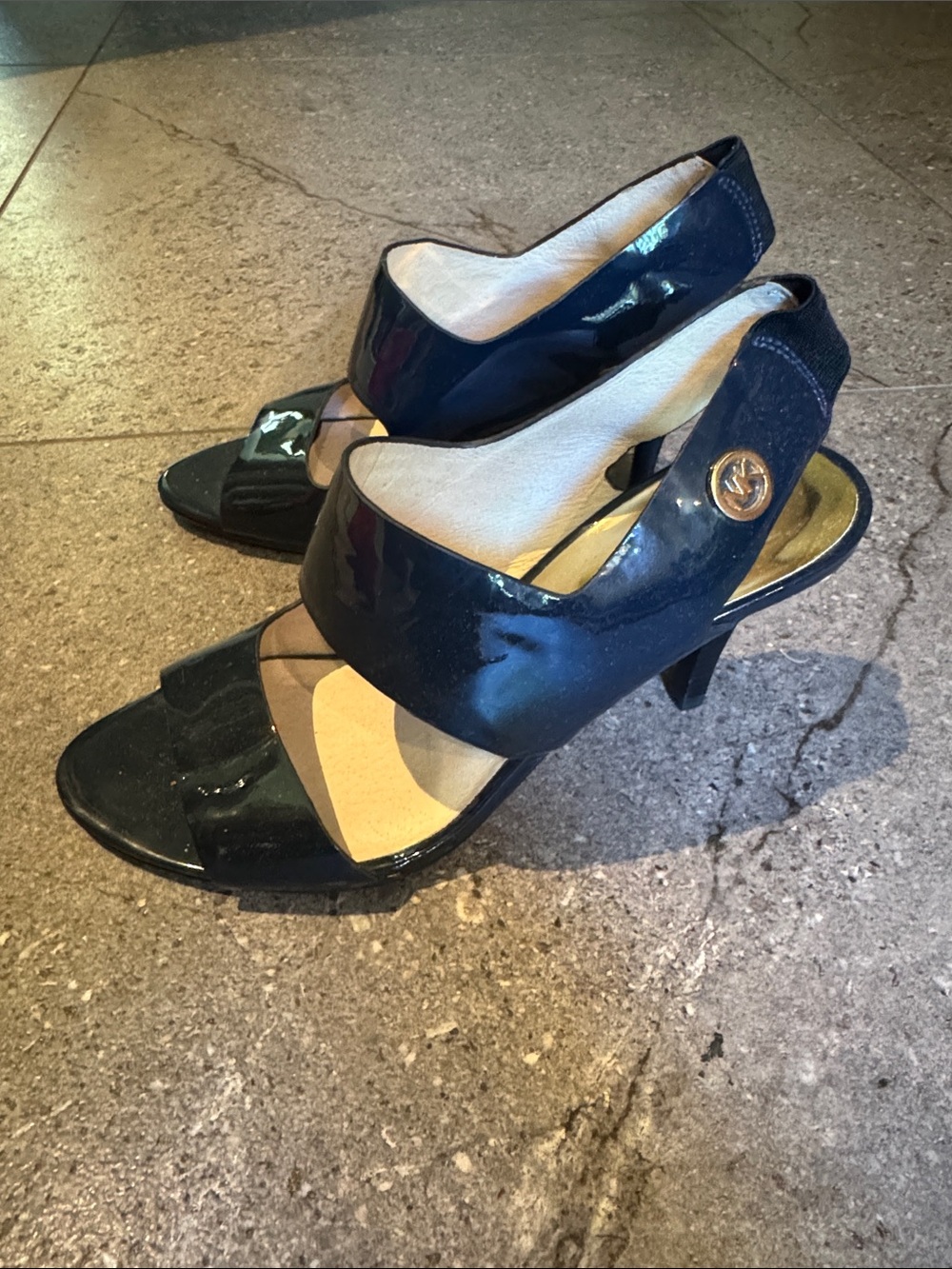 Michael Kors Black Patent Leather Open-Toe Mid-Heel Sandals